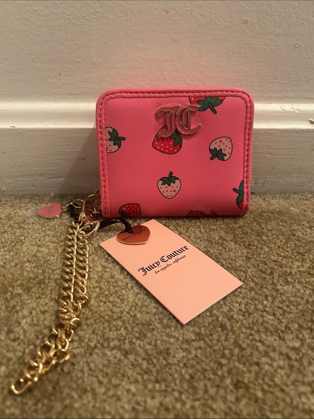 Juicy Couture Pink Strawberry Card Wallet with Gold Chain